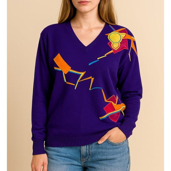 Vintage Marc D'Alcy 80s Abstract Purple Long Sleeve Wool Blend Sweater Womens S - Picture 1 of 4